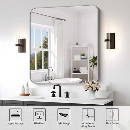 FORBATH 40x36 Inch Silver Bathroom Mirror for Over Sink, Large Rectangular Wall Mirror with Metal Frame, Rounded Corners for Bathroom, Bedroom, Entryway Decor (Horizontal or Vertical)