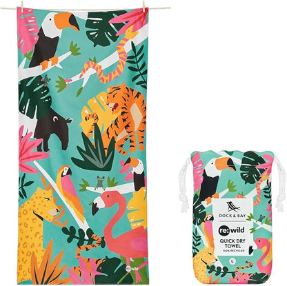 Dock & Bay Beach Towel - Quick Dry, Sand Free - Compact, Lightweight - 100% Recycled - Includes Bag - Wild Things - Extra Large (200x90cm, 78x35)