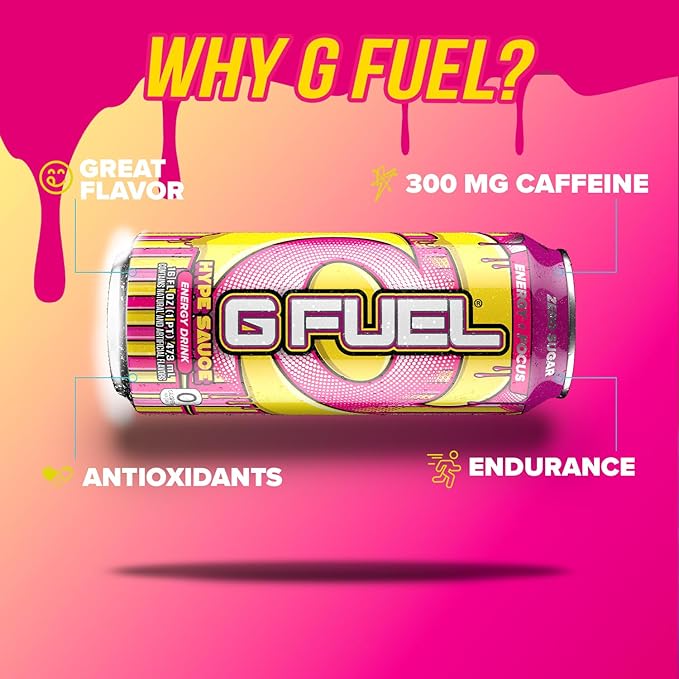 G Fuel Energy Drink, Raspberry Lemonade, Sugar Free Beverage with 300mg Caffeine, Daily Energy Boost with Focus Amino, Vitamin + Antioxidants, 16 oz Cans (Hype Sauce, 12-Pack)