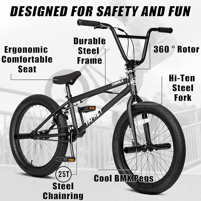 Freestyle BMX Bike, 20 Inch Yaphet Bicycle for Teen Beginner and Adult Riders, Bike with Hi-Ten Steel Frame, Multiple Colors