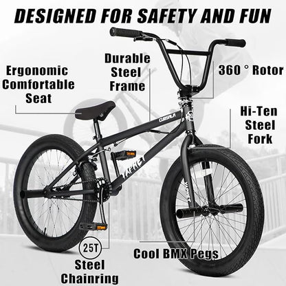 Freestyle BMX Bike, 20 Inch Yaphet Bicycle for Teen Beginner and Adult Riders, Bike with Hi-Ten Steel Frame, Multiple Colors