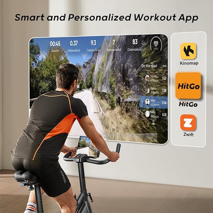 Exercise Bike, Magnetic Resistance/Brake Pad Stationary Bike with Exclusive App, 300lb Weight Capacity Indoor Bike with Soft Seat Cushion, Silent Belt Drive, Heavy Flywheel and LCD Monitor