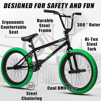 Freestyle BMX Bike, 20 Inch Yaphet Bicycle for Teen Beginner and Adult Riders, Bike with Hi-Ten Steel Frame, Multiple Colors