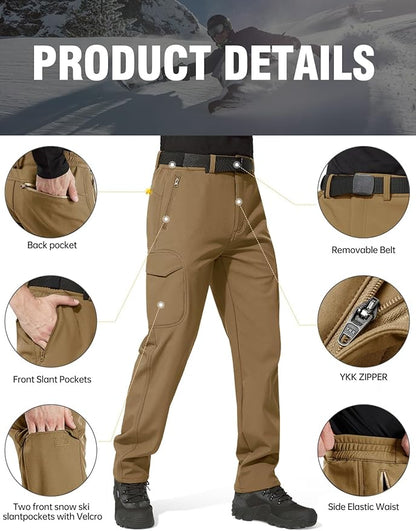 FREE SOLDIER Men's Outdoor Softshell Fleece Lined Cargo Pants Snow Ski Hiking Pants with Belt