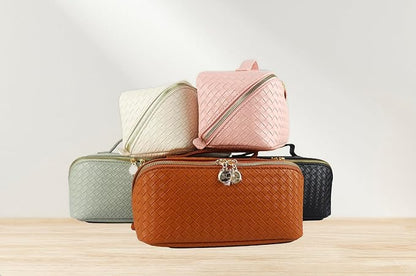 Large Capacity Travel Makeup Bag Organizer Makeup bag Set – Includes Transparent Pouch & Dust Bag PU Leather Cosmetic Bag Toiletry Bag for Women With Dividers, Handle Portable Design (Pink)