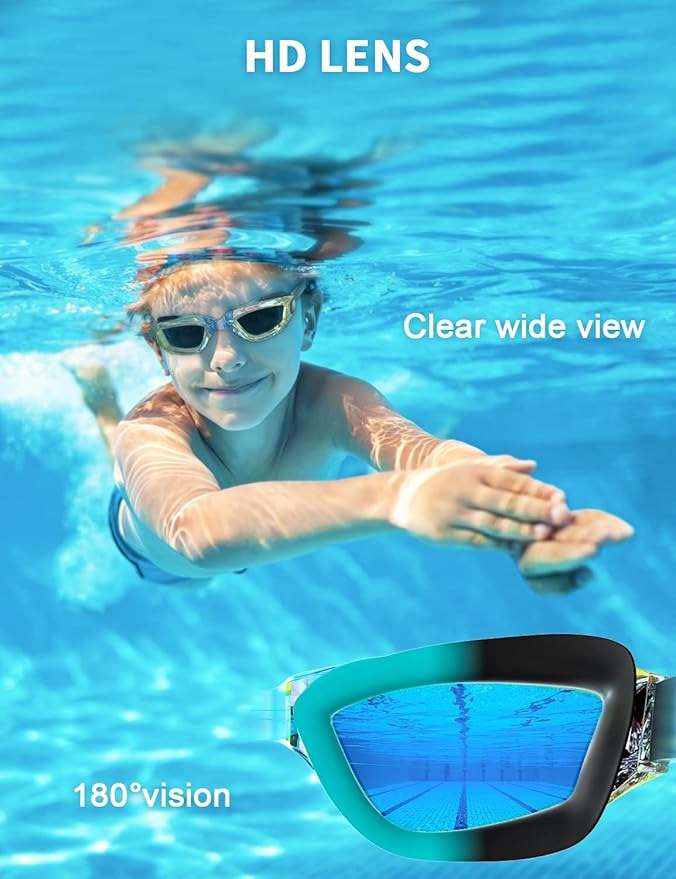 Kids Swim Goggles, Swimming Goggles for Kids with Nose Clip, Earplugs, Nose Bridge for Age 3-15