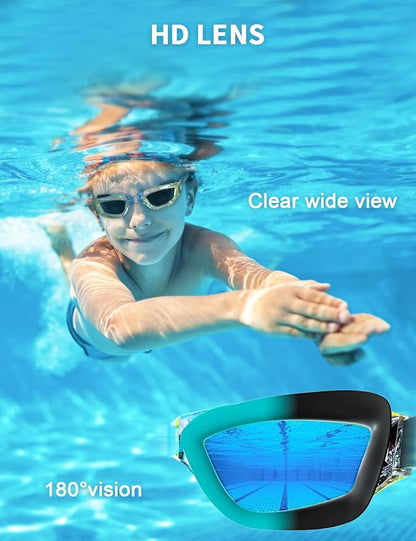 Kids Swim Goggles, Swimming Goggles for Kids with Nose Clip, Earplugs, Nose Bridge for Age 3-15