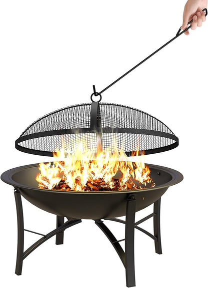 Fire Beauty Fire Pit for Outside Wood Burning,BBQ Grill Steel Fire Bowl with Spark Screen Cover,Log Grate,Poker for Camping Beach Bonfire Picnic Backyard Garden