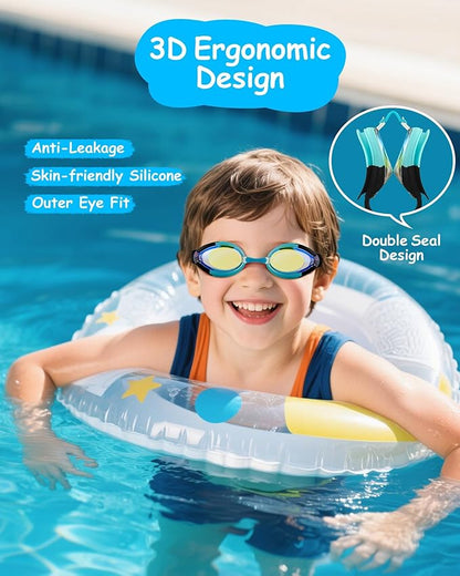 Kids Swim Goggles, Anti-fog and UV Protection with Swim Cap for Age 3-15 Youth Boys Girls Toddler
