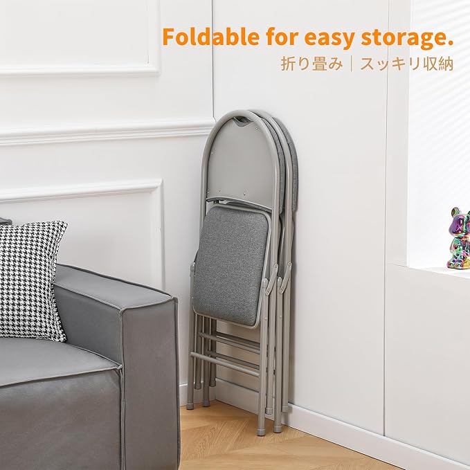 BOOSDEN Folding Chairs Set of 2, Heavy Duty Metal Folding Chairs with Padded Fabric Seats, Big Backrest Foldable Chair for Outdoor & Indoor & Dining & Party, Grey