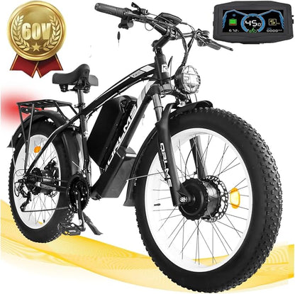 Electric Dirt Bike, 5000W Peak Dual Motor EBike for Adults, 60V 25AH Battery Electric Bike with 40-50MPH Mountain AWD 21-Speed Snow, 26" x 4.0 Fat Tire, Long Range Off-Road