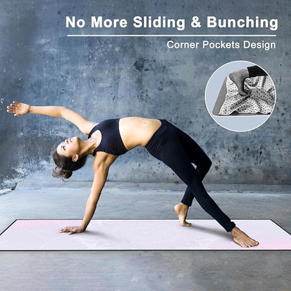 QiyI Yoga Mat Towel with Corner Pockets, Non Slip Sweat Absorbent Hot Yoga Towels, Soft Yoga Blankets with Travel Bag, Skidless Mat Cover for Workout, Gym, Fitness - 70"x26", Purple Mandala