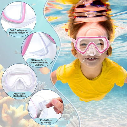Hoolerry 4 Pcs Kids Nose Goggles Swim Goggles with Nose Cover for 3-8 Tempered Glass Snorkel Dive Mask Anti Fog with Elastic Strap No Leak Swimming Mask for Summer Diving Snorkeling