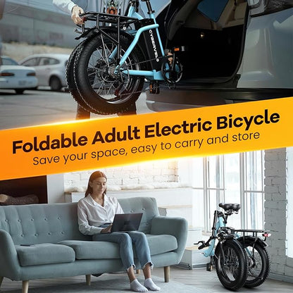 Folding Electric Bike for Adults with Peak 1000W Motor, 48V 20AH Battery up to 30MPH 80 Miles, 20" Fat Tire All Terrain Ebike, Front Suspension 7-Speed Commuter E Bike, Step-Thru, UL Certified