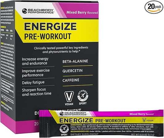 BODi Energize Pre Workout Powder - Beta-Alanine, Quercetin & Low-Dose Caffeine Formula for Enhanced Energy & Focus, Increase Energy & Endurance Supplement, Mixed Berry, 20 Sticks