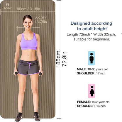 Thick Yoga Mat Non Slip, Large Size 72" L x 32" W x 0.6" TH, Premium Exercise & Fitness Mat with Carrying Strap and Bag, Workout Mats for Home