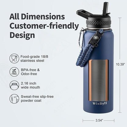 40 oz Insulated Water Bottle with Straw (Cold for 48 Hrs), Stainless Steel Triple Wall Vacuum Sports Water Jug, Leakproof Hydro Cup Flask with Paracord Handle & Straw Spout Lids & DIY Stickers