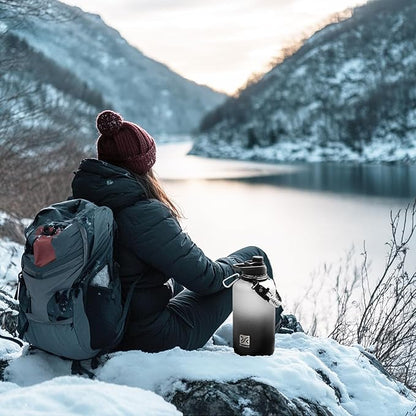 Insulated Water Bottle | Thickened Stainless Steel Vacuum Metal | Portable Sports Half Gallon Large Water Jug for Gym and Hiking with Straw, Carrier Bag, Handle Strap | BPA-Free 64 oz