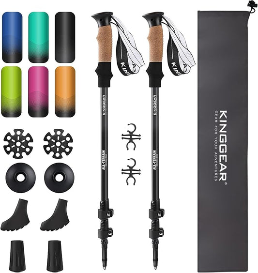 KINGGEAR Nordic Walking Stick, TP1 Hiking Poles Retractable Lightweight 7075 Aluminum, Trekking Poles with Flip Lock, Natural Cork and EVA Grip, 2pc Hiking Gear