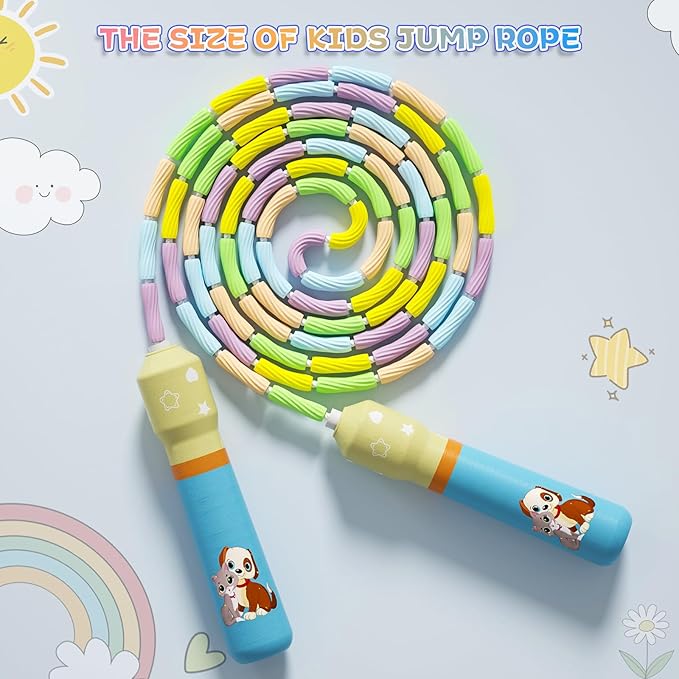 JGM Beaded Jump Rope for Kids – Adjustable Toddler Skipping Rope with Cartoon WOODEN Handle for Outdoor Activity Party Favors School Games 7.7 Feet