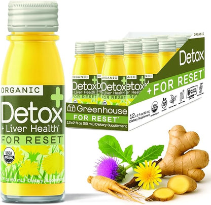 Greenhouse Juice Detox Wellness Shots Organic Immunity Shots Juice Liver Health Wellness + Anti-Inflammatory with Ginseng, Milk Thistle, and Dandelion Vegan & Gluten-Free (2 Oz, Pack of 12)
