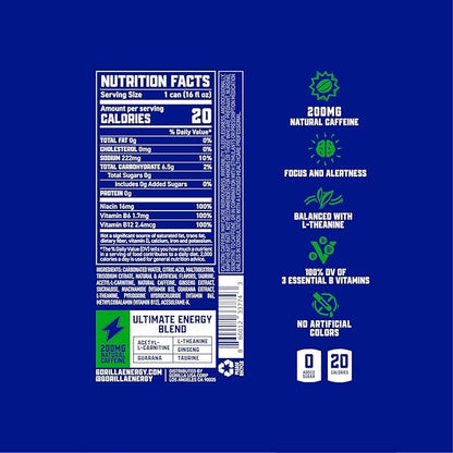 Gorilla Energy Drink, Variety Pack, 200mg Natural Caffeine, Real Fruit Juice Squeezed & Concentrated, L-Theanine, Taurine, Ginseng, Acetyl L-Carnitine, No Added Sugar and No Artificial Colors, 12 Pack