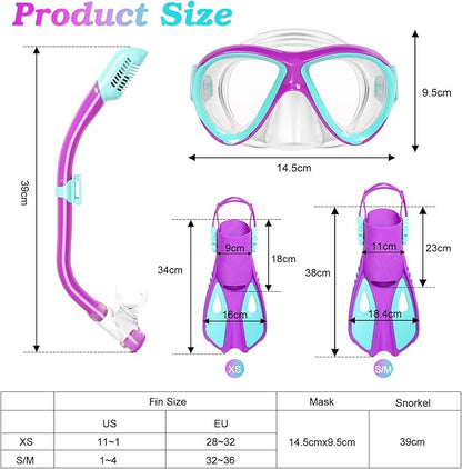 Kids Mask Fins Snorkel Set, Dry Top Snorkeling Gear for Kids Youth Boys Girls Junior Age 5-15 Tempered Glass Snorkel Mask Set Panoramic View Snorkeling Packages