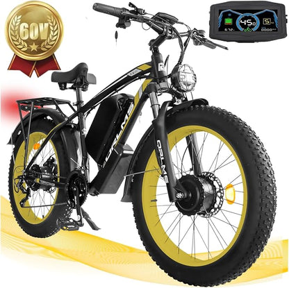 Electric Dirt Bike, 5000W Peak Dual Motor EBike for Adults, 60V 25AH Battery Electric Bike with 40-50MPH Mountain AWD 21-Speed Snow, 26" x 4.0 Fat Tire, Long Range Off-Road