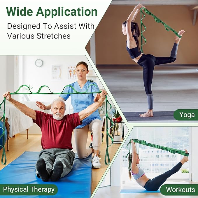 Stretch Strap With Loops For Physical Therapy, Yoga Straps For Stretching With Loops, Non-elastic Leg Straps For Knee Rehab, 8 ft Long x 1.2 inch Wide