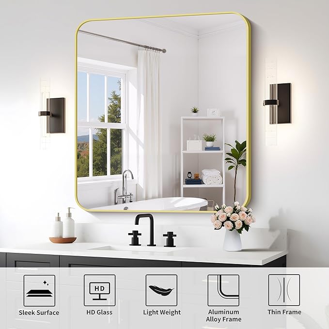 FORBATH 40x36 Inch Gold Bathroom Mirror for Over Sink, Large Rectanglar Wall Mirror with Metal Frame, Rounded Corners for Bathroom, Bedroom, Entryway Decor (Horizontal or Vertical)