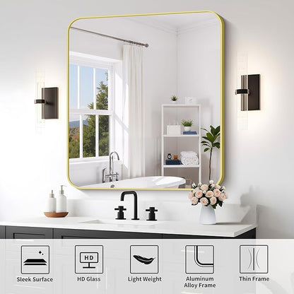 FORBATH 40x36 Inch Gold Bathroom Mirror for Over Sink, Large Rectanglar Wall Mirror with Metal Frame, Rounded Corners for Bathroom, Bedroom, Entryway Decor (Horizontal or Vertical)