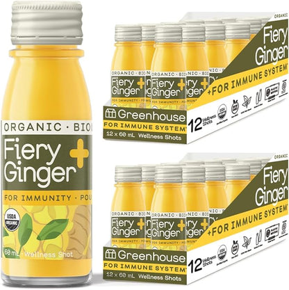Greenhouse Juice Organic Fiery Ginger Wellness Shots 24-Count 60ml Glass Bottles | Vegan & Gluten-Free