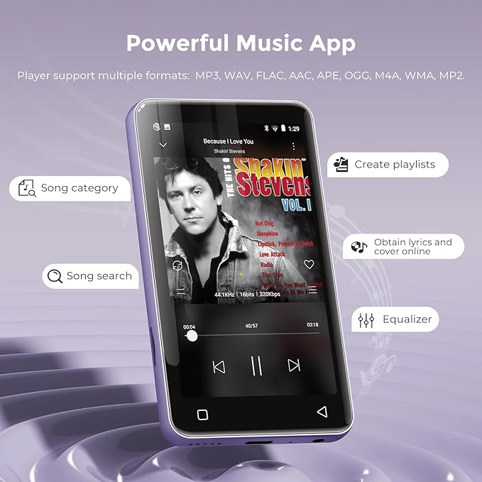 innioasis 80GB MP3 Player with Bluetooth and WiFi, MP3 Player for Kids with Spotify, Spotify Kids, Pandora, Audible, 4.0" Touch Screen Music Player with Parental Controls, Up to 1TB (White+ Purple)