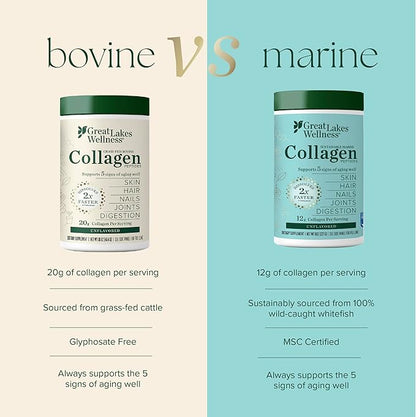 Great Lakes Wellness Sustainable Marine Collagen Peptides Powder for Skin, Hair, Nails, Joints & Digestion - Unflavored - Quick Dissolve Hydrolyzed, Wild Caught, MSC Certified, Non-GMO, Kosher - 8 oz