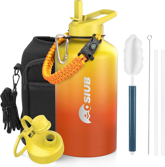 Insulated Water Bottle 64 oz, Triple Wall Vacuum Stainless Steel(Cold for 48 Hrs),Leak Proof & BPA-Free,Half Gallon Water Bottle with Reflective Paracord & Flip Straw for Sports & Travel, Sunset