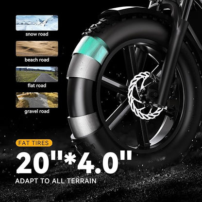 Electric Bike for Adults 1500W Peak 20" Fat Tire All-Terrain E-Bike 80-120Miles 30MPH Electric Dirt Bike for Road Sand Mountain Snow - 48V 20/30AH Battery Powered Electric Motorcycle