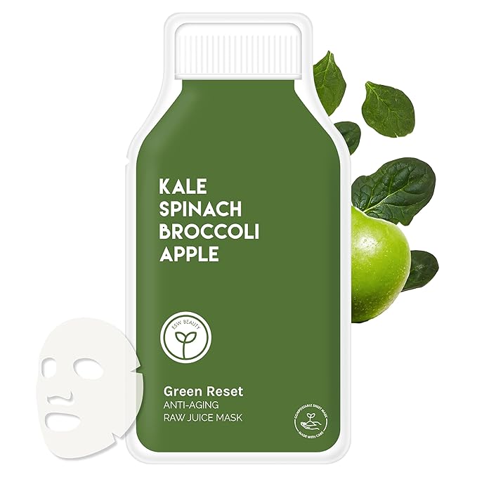 ESW Beauty Green Reset - Anti-Aging Raw Juice Face Mask - Revitalizing with Kale, Spinach, Broccoli & Apple for Mature Skin - Boosts Collagen & Reduces Wrinkles