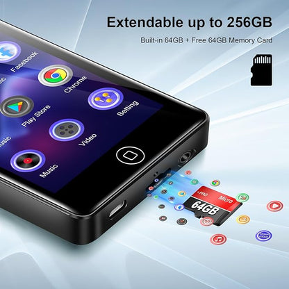 128GB MP3 Player with Bluetooth and WiFi, Android 14, 4GB RAM Portable HiFi Lossless, MP3 & MP4 Player for Kids with 4" Touchscreen, Music Player with Spotify, Amazon Music, Pandora, Play Store, Black