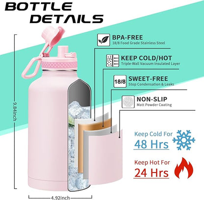 Half Gallon Water-Bottle with Straw - Pop-up Chug Lid (Cold 48H & Hot 24H) 64oz Insulated Water Bottle Flask with Sleeve Strap, Paracord Handle, Bottle Boot, Pink Stainless Steel Metal Water Jug