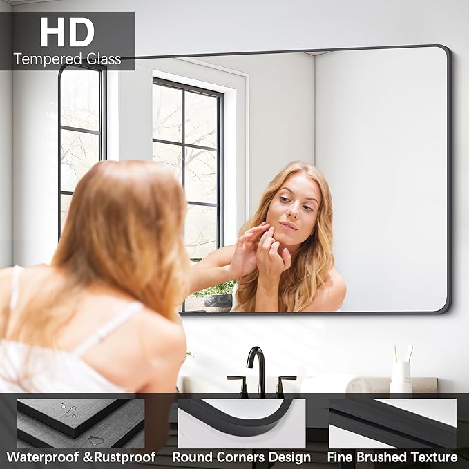 FORBATH Black Bathroom Mirror, Rectangular Vanity Mirror 26" X 38" Wall Mounted Rounded Corner Farmhouse Metal Framed Bath Mirror for Living Room Bedroom Entryway Decor, Hangs Horizontal or Vertical
