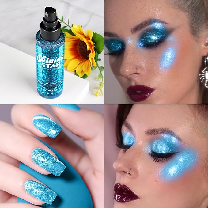 Body Glitter Spray & Glitter Hairspray - Ultra Shiny, Long - Lasting, Quick - Dry & Waterproof. Clog - Resistant Nozzle. Perfect for Parties, Dances and All Glamourous Occasions Bule