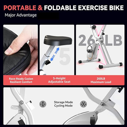 Foldable Exercise Bike Stationary Bikes for Home, 5 IN 1 Indoor Workout Bike, Cycling Bike with 16-Level Quiet Magnetic Resistance, 6.6 LBS Flywheel and 300LBS Capacity, 2025 Designed 817 X-bike