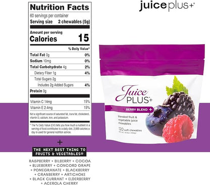Juice Plus+ Berry Blend Soft Chews - Tasty, Vegan Gummies for All Ages - Nutrients from 12 Superfood Ingredients Including Elderberry, Raspberry, Bilberry, Blueberry & More - 120 Chewables