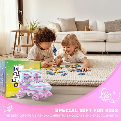 Kids Roller Skates for Girls-Outdoor 4 Size Adjustable Butterfly Quad Rollerskates for Indoor Ages 3-12 Years Beginners Children's Birthday Gift with Light Up Wheels patines para niñas Indoor