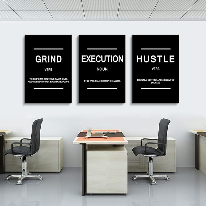 Framed Canvas Wall Art Success Quote, Office Wall Art, Black Large Poster, Positive Motivational Set of 3 Prints, Execute Failure Definition, Inspirational Print (B-3pcs,20x30inchx3pcs)