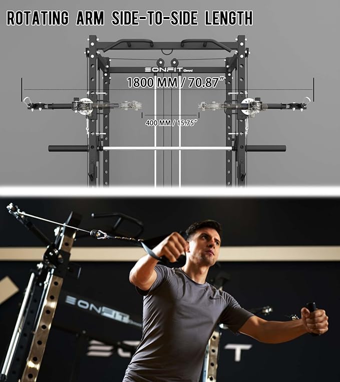 Eonfit E3 Smith Machine with 360°Rotating Arm for Home Gym Equipment, Multi-Function Power Cage Squat Rack with Cable Crossover LAT Pulldown Pulley System All in One