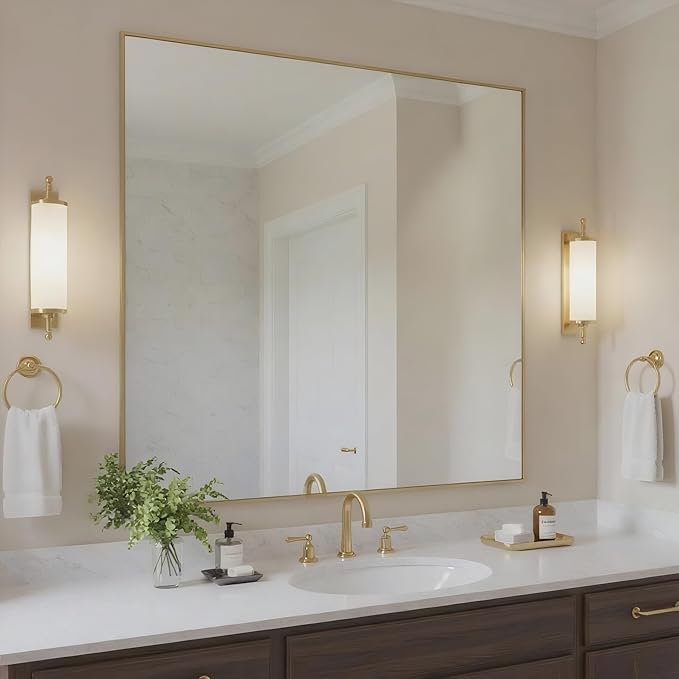 30x36 Inch Brass Bathroom Mirror for Wall, Aluminum Frame Rectangle Rectangular Vanity Mirror, Modern Large for Bedroom, Living Room, Horizontal or Vertical