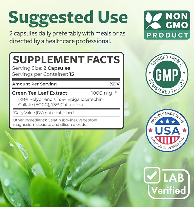 EGCG Green Tea Extract Capsules - Super High Potency Green Tea Pills Antioxidant Rich Formula Packed with Polyphenols Catechins & EGCG - 500mg Per Capsule - Non-GMO & Made in the USA (Trial Size)