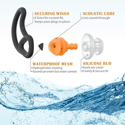 Hearprotek Ear Plugs for Swimming, [2 Pairs] Swim Ear Plugs Adults-Waterproof Silicone Water earplugs for Men Women Juniors Swimmers Pool Shower Bathing (Orange)