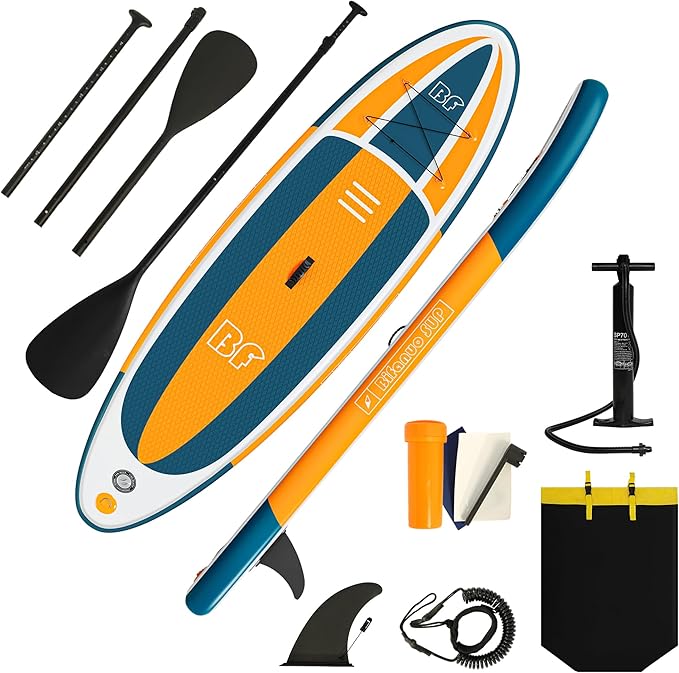 Inflatable Stand Up Paddle Board with SUP Accessories & Backpack. Paddle Boards for Adults. Non-Slip Deck, Wide Stance, Bottom Fin, Double Action Pump.